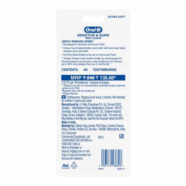 Oral-B Sensitive & Gums Extra Soft Pro Clean Toothbrush For Adults | Pack Of 4
