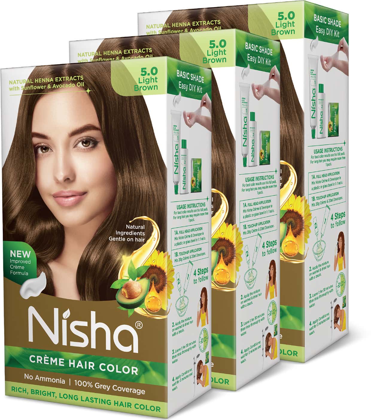 Nisha Creme Hair Color 5.0 Light Brown 120g Pack Of 3, Ammonia Free Hair Colour, 100% Grey Coverage