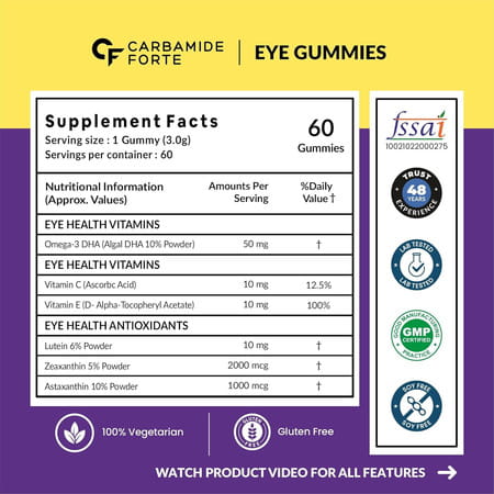 Carbamide Forte Eye Supplement Gummies | Lutein And Zeaxanthin Supplement For Women & Men | 60 Gummy