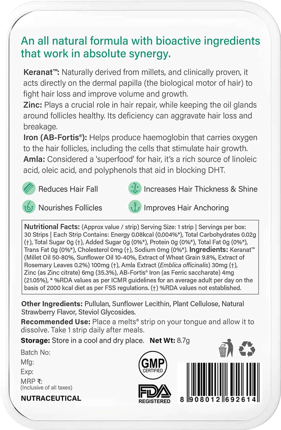 Buy WELLBEING NUTRITION MELTS HAIR FALL CONTROL KERANAT & ZINC IMPROVE ...