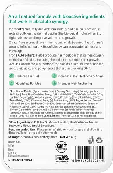 Wellbeing Nutrition Melts Hair Fall Control Keranat & Zinc Improve Volume & Thickness 30 Oral Strips