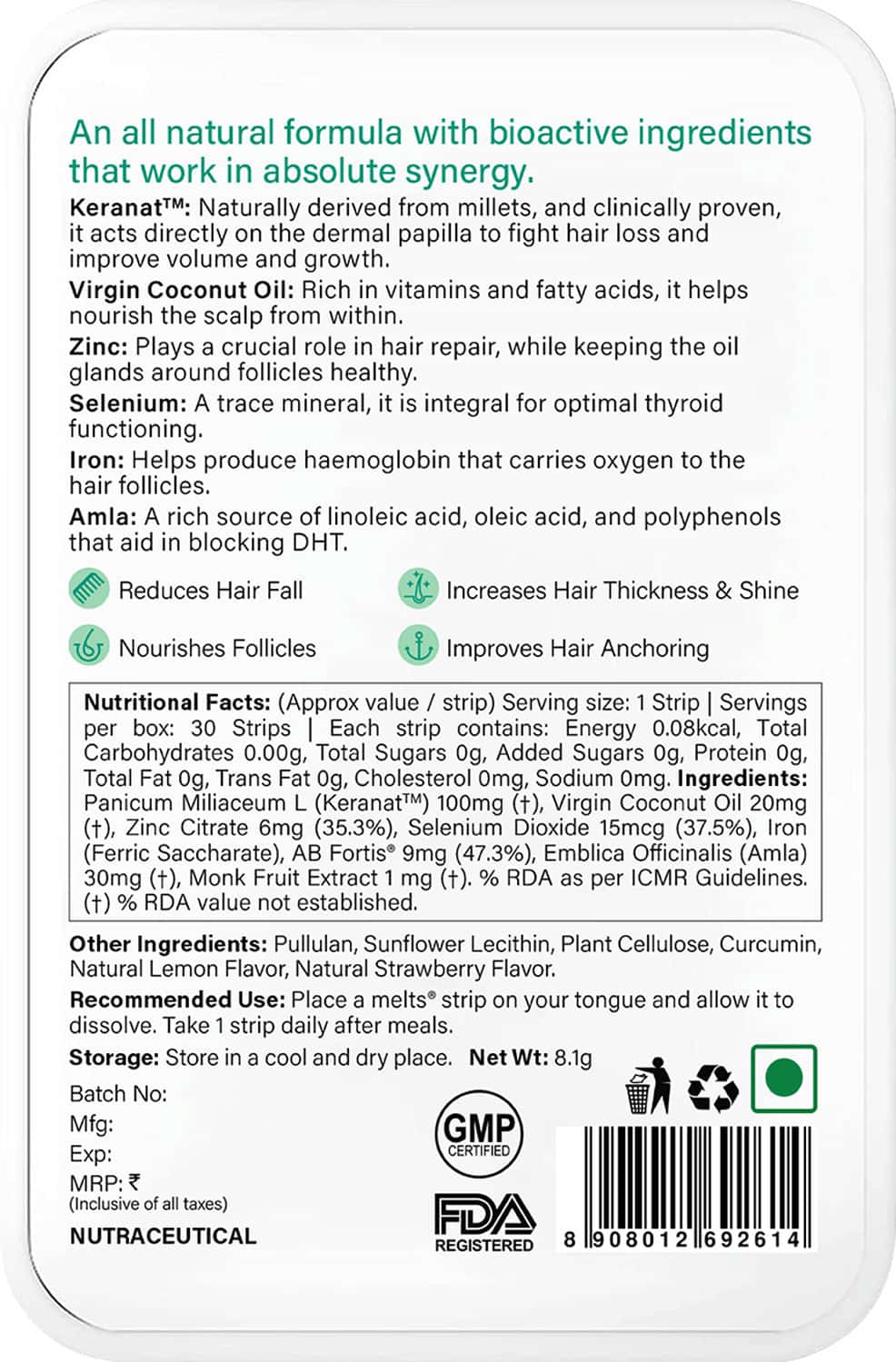 Buy WELLBEING NUTRITION MELTS HAIR FALL CONTROL | KERANAT & ZINC ...