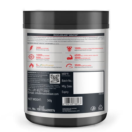 Muscleblaze Pre Workout Wrathx With Creapure | Nitroblaze & Bioperine (Mango Mayhem | 340g)