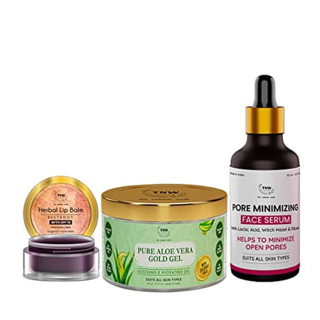 Tnw-The Natural Wash Combo Of 3 With Glow Face Serum | Pure Aloe Vera Gold Gel & Beetroot Lip Balm