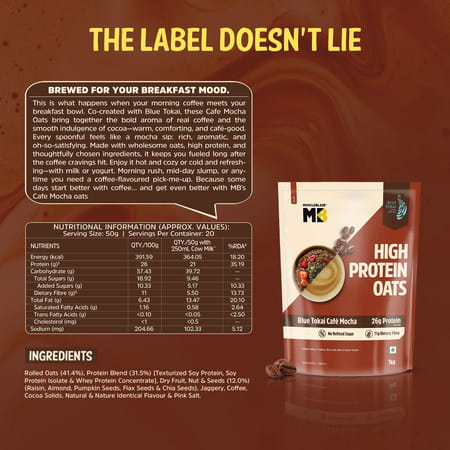 Muscleblaze High Protein Oats (Blue Tokai Cafe Mocha | 1Kg) | 26G Protein