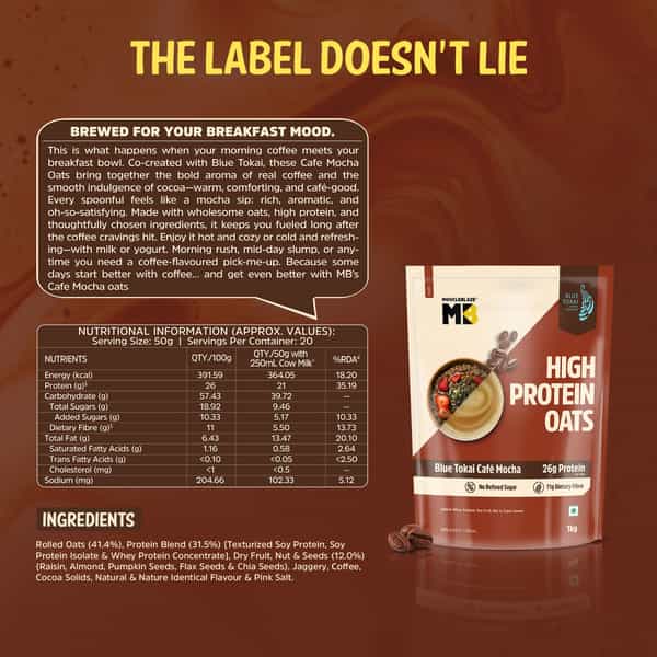 Muscleblaze High Protein Oats (Blue Tokai Cafe Mocha | 1Kg) | 26G Protein