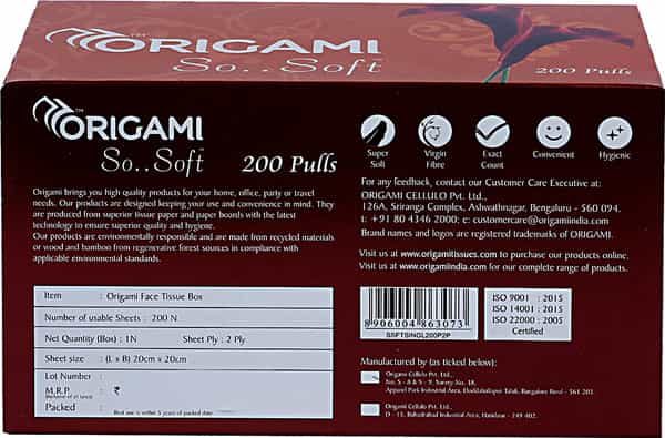 Origami So Soft Face Tissue Paper Box / Car Facial Tissue Box - 2 Ply - 200 Pulls