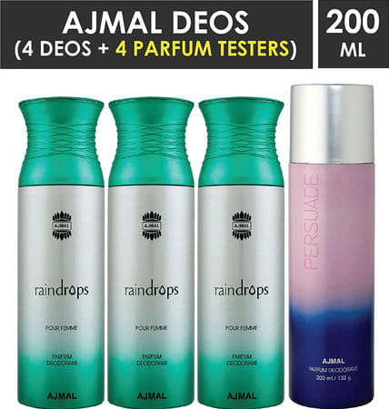 Ajmal 3 Raindrops Femme For Women And 1 Persuade For Unisex Deodorants Each 200ml Combo Pack Of 4