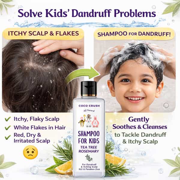 Coco Crush Herbal Kids Anti-Dandruff Shampoo | Neem & Tea Tree | Tear-Free | Sensitive Scalp - 50Ml