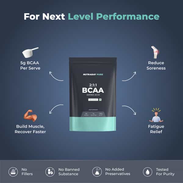 Nutrabay Pure Bcaa 2:1:1|5G Vegan Bcaa, Intra/Post Workout Amino Acid Supplement - 150G, Unflavoured