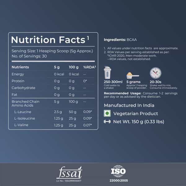 Nutrabay Pure Bcaa 2:1:1|5G Vegan Bcaa, Intra/Post Workout Amino Acid Supplement - 150G, Unflavoured