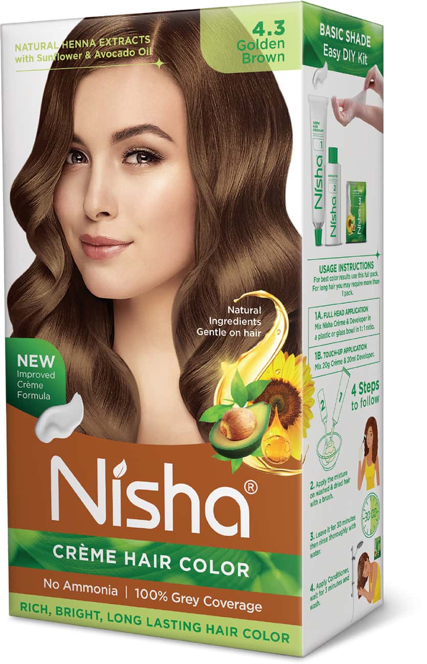 Nisha Creme Hair Color 4.3 Golden Brown (60gm+60ml+18ml) Ammonia Free Permanent Hair Colour