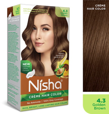 Nisha Creme Hair Color 4.3 Golden Brown (60gm+60ml+18ml) Ammonia Free Permanent Hair Colour