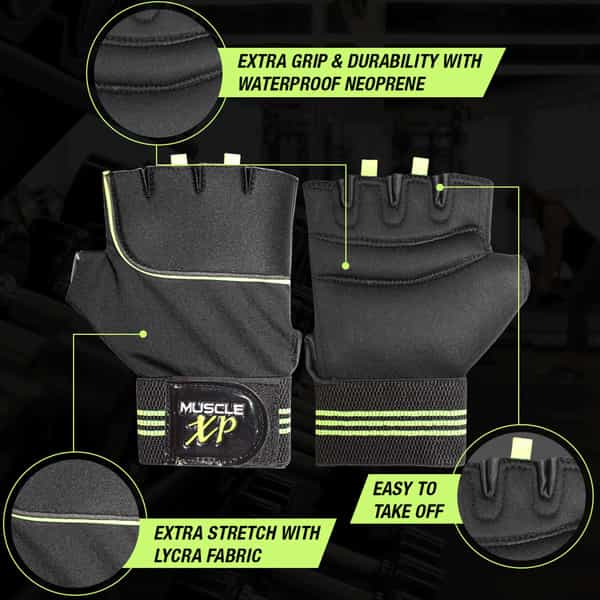 Musclexp Pro-Comfort Durable Gym Sports Gloves Lifting Cycling Non-Slip (Black & Green) 1 Pair