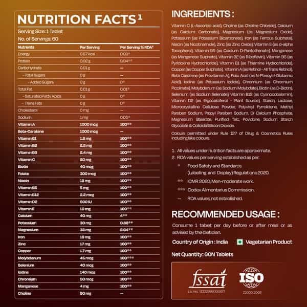 Nutrabay Pro Active Multivitamin For Men - 25 Vitamins & Minerals - 60 Veg Multivitamin Tablet