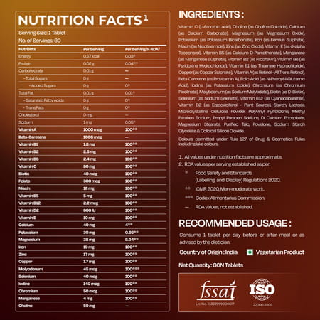 Nutrabay Pro Active Multivitamin For Men - 25 Vitamins & Minerals - 60 Veg Multivitamin Tablet