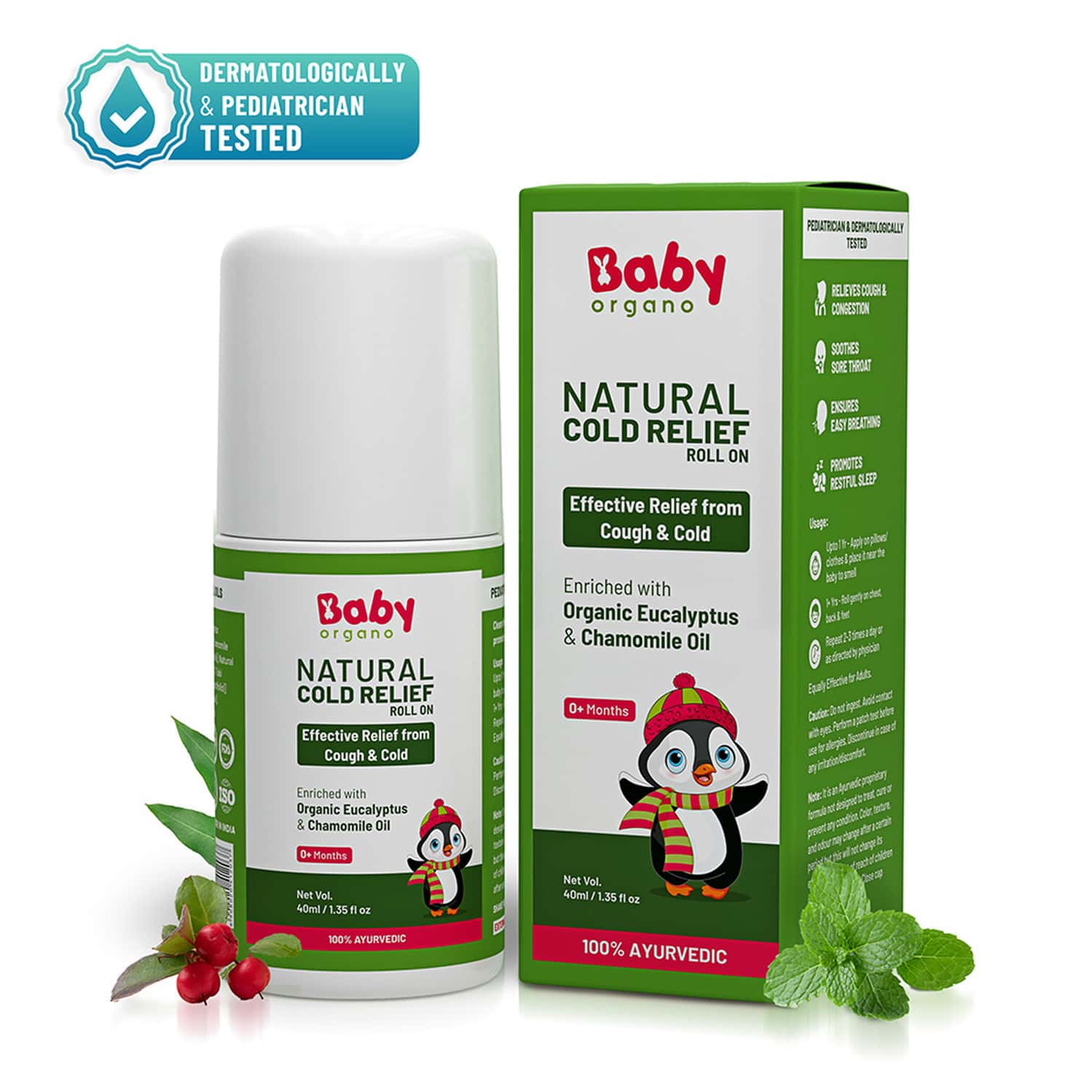 Babyorgano Natural Cold Relief Roll-on For Babies Cold | Cough | Nose Block & Chest Congestion 40ml