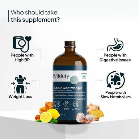 Miduty Apple Cider Vinegar-Raw Honey Lemon Garlic Ginger-Weight Loss-Acv With Mother Vinegar -500ml