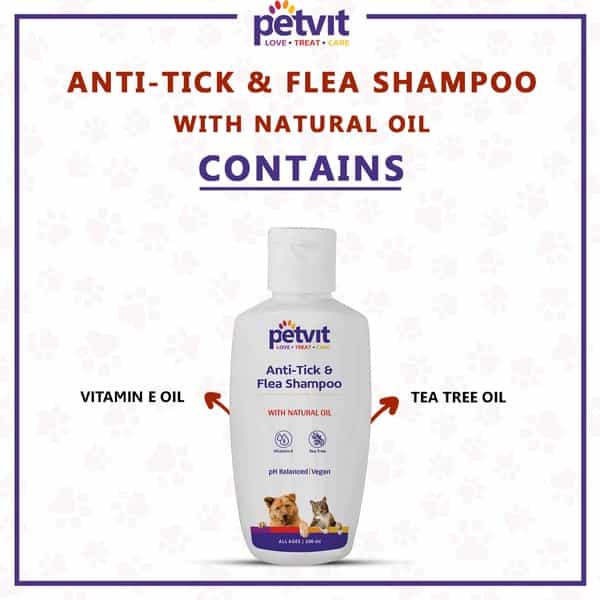 Petvit Anti-Tick Flea Larvae Lice Mosquitoes Shampoo With Vitamin E For All Breed Dog/Cat - 200Ml