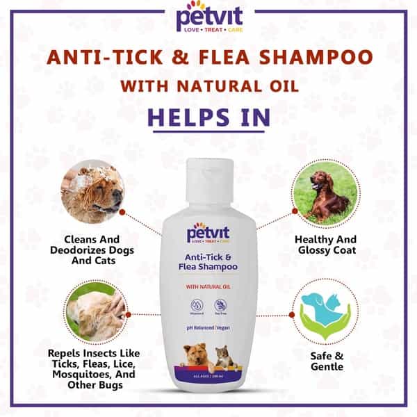 Petvit Anti-Tick Flea Larvae Lice Mosquitoes Shampoo With Vitamin E For All Breed Dog/Cat - 200Ml