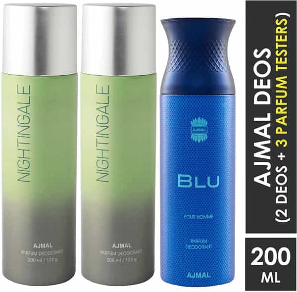 Ajmal 2 Nightingale For Men & Women & 1 Blu Homme For Men Deodorants Each 200Ml Combo Pack Of 3