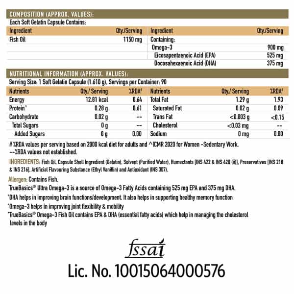 Truebasics Ultra Omega | Enriched With 1250 Mg|425Mg Epa & 325Mg Dha & Vitamin E | 90 Softgels