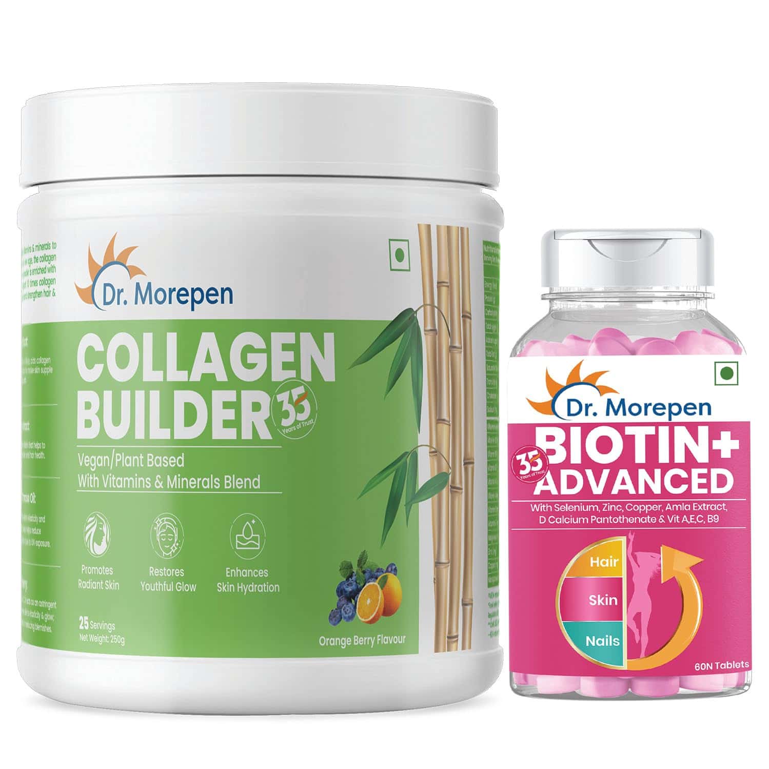 Dr. Morepen Biotin+ Advanced Tablet & Natural Collagen Builder Powder | Combo