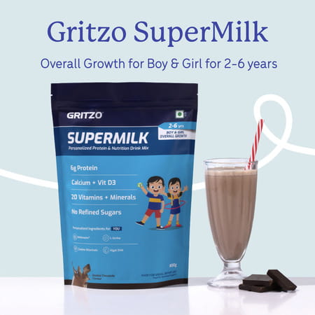 Gritzo Supermilk Overall Growth (2-6y Boy & Girl) (Double Chocolate | 800g) With Super Gummies