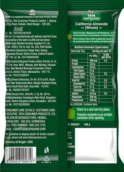 Tata Sampann 100% Pure California Almonds Whole 500G