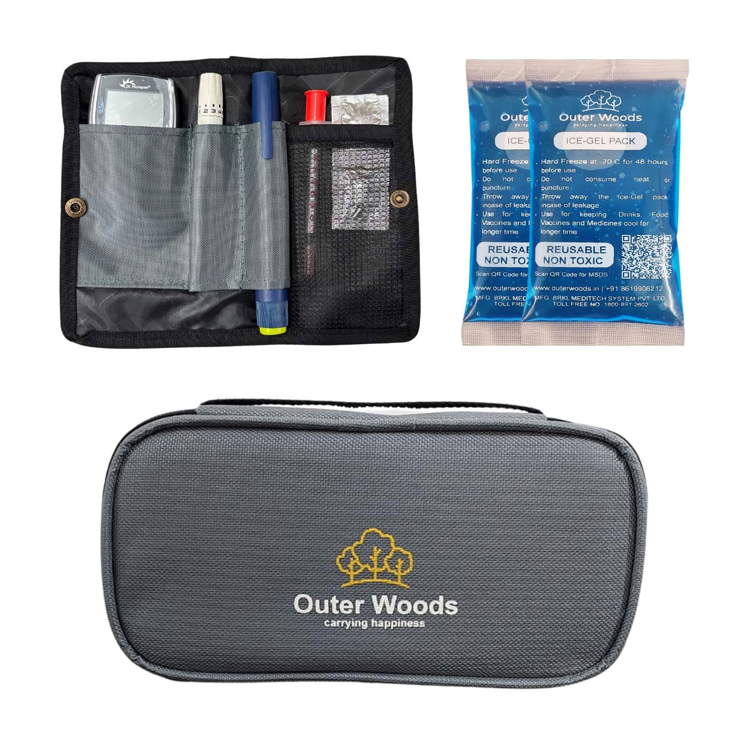 Outer Woods Insulin Cooler Bag With 2 Ice Gel Packs | 6+ Hours Cooling | Insulin Travel Pouch - Grey