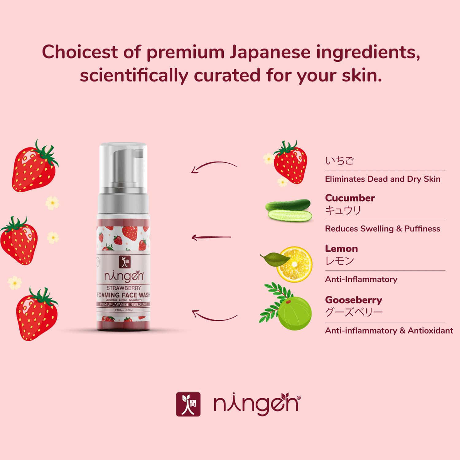 Buy NINGEN STRAWBERRY FOAMING FACE WASH CUCUMBER LEMON GOOSEBERRY