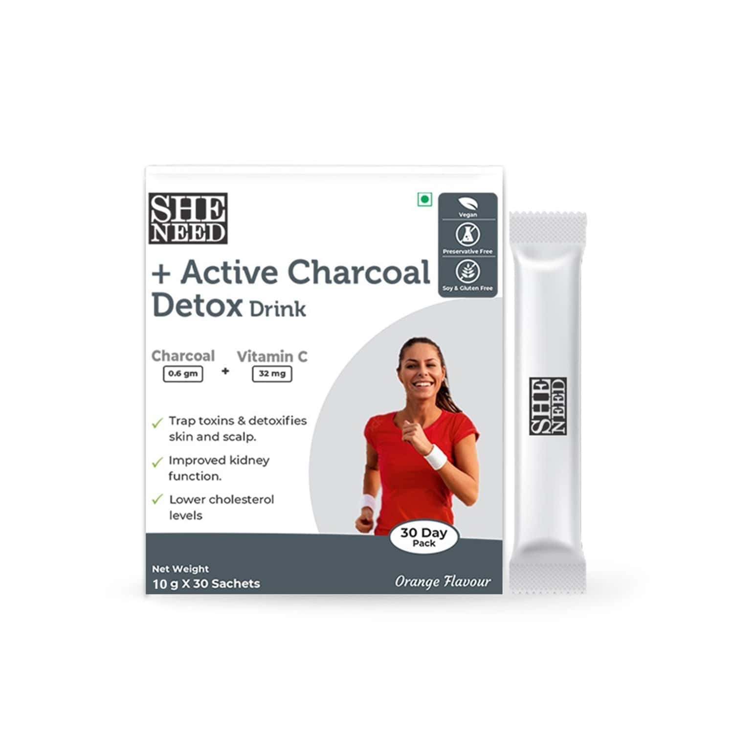 Sheneed +active Charcoal Detox Drink-vitc-detoxifies Body From Toxin 30 Sachet