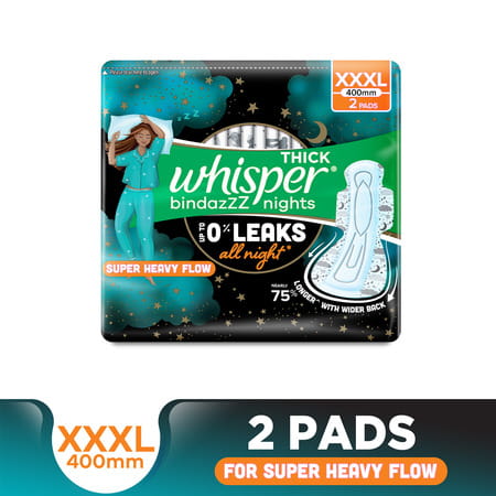 Whisper Thick Bindazzz Nights Xxxl Size (400mm) All Night For Super Heavy Flow Sanitary Pad 2 No's