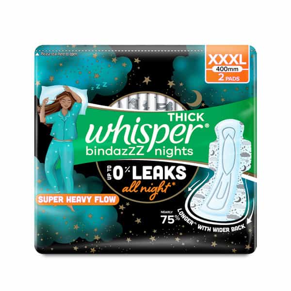 Whisper Thick Bindazzz Nights Xxxl Size (400Mm) All Night For Super Heavy Flow Sanitary Pad 2 No's