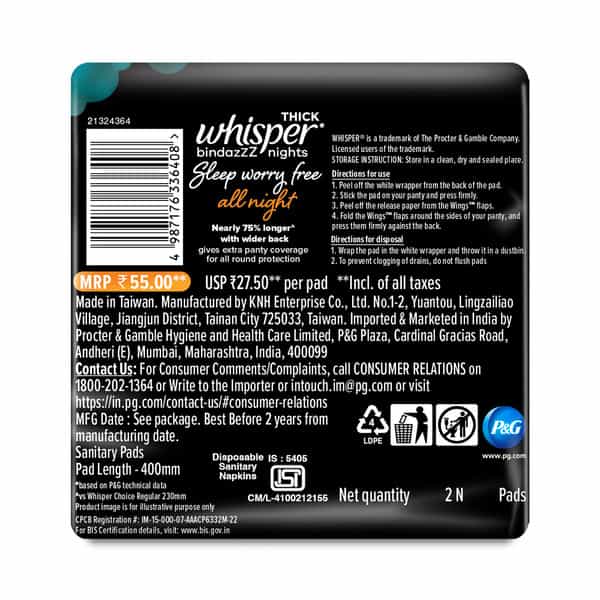 Whisper Thick Bindazzz Nights Xxxl Size (400Mm) All Night For Super Heavy Flow Sanitary Pad 2 No's