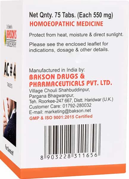 Dr Bakshi's Bakson Homoeopathy Ac#4 Tablet Pack Of 2 | 75 Tabs Each
