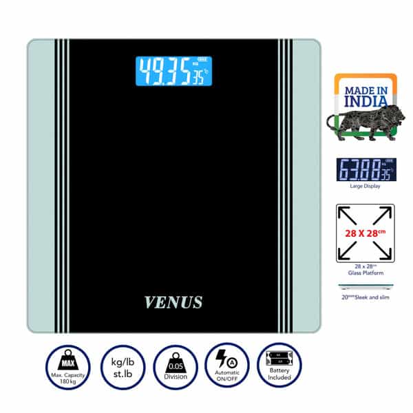 Venus (India) Electronic Digital Personal Bathroom Weight Machine | Upto 180Kg | Eps-1199-New-Silver