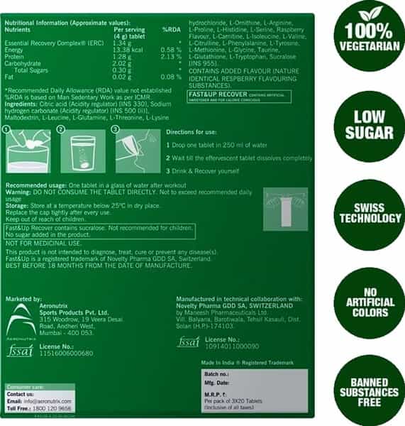 Fast&Up Recover Post Workout Nutritional Supplement With 20 Amino Acids Profil-Raspberry(Pack Of 3)