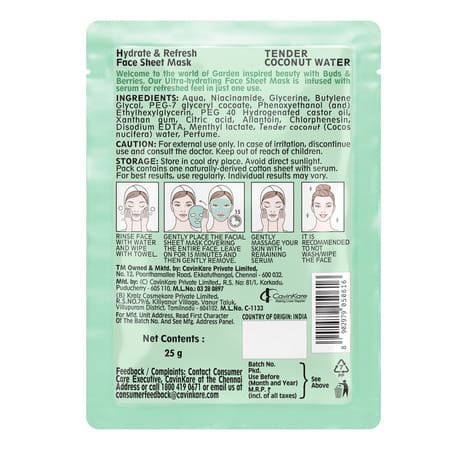 Buds & Berries Hydrate And Refresh Ultra-Hydrating Face Sheet Mask With Tender Coconut Water (25 G)
