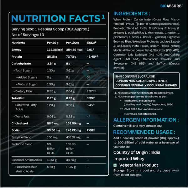 Nutrabay Bioabsorb Whey Protein Powder | Prodifi Blend | 26G Per Scoop | Kesar Badam Pista - 500G