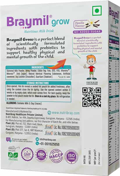 Braymil Grow Nutritional Milk Drink Powder Vanilla 2 To 6 Years | 400 Gm | Bag In Box
