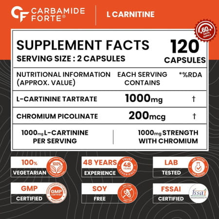 Carbamide Forte L-Carnitine Supplement 1000mg With L Tartrate-120 Capsules