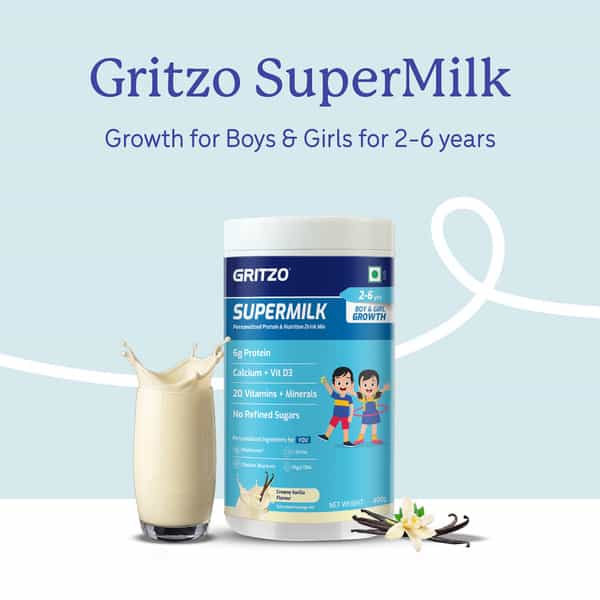 Gritzo Supermilk Growth (2-6Y Boy & Girl) | 6G Protein Powder (Creamy Vanilla | 400G)