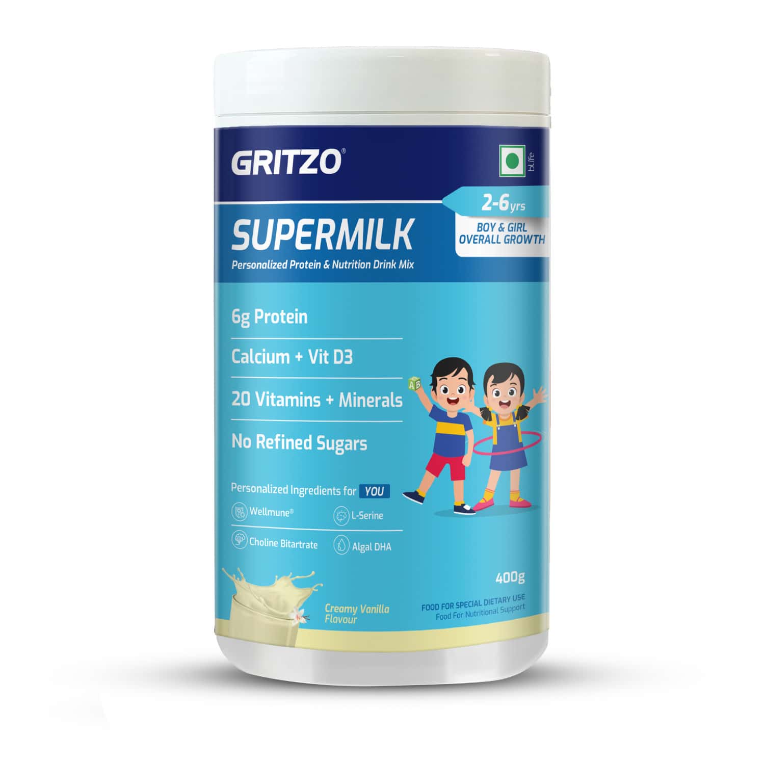 Gritzo Supermilk Overall Growth (2 - 6y Boy & Girl) | 6g Protein Powder (creamy Vanilla | 400g)