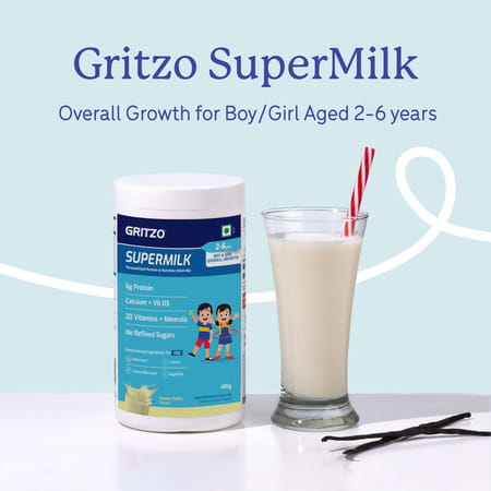 Gritzo Supermilk Overall Growth (2 - 6Y Boy & Girl) | 6G Protein Powder (Creamy Vanilla | 400G)