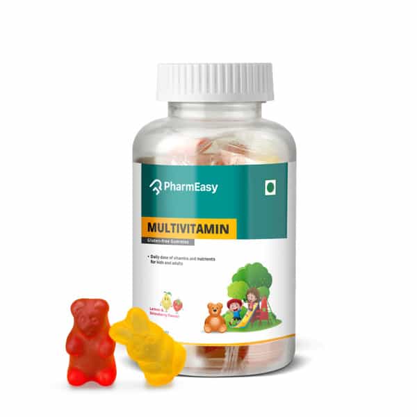 Pharmeasy Multivitamin Gummies For Kids And Adults Lemon & Strawberry Flavour Bottle Of 30 Gummies