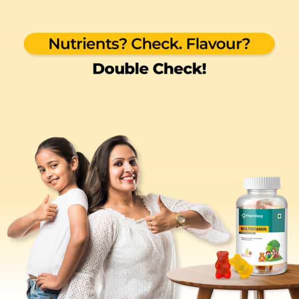 Pharmeasy Multivitamin Gummies For Kids And Adults Lemon & Strawberry Flavour Bottle Of 30 Gummies