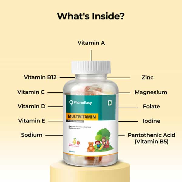 Pharmeasy Multivitamin Gummies For Kids And Adults Lemon & Strawberry Flavour Bottle Of 30 Gummies