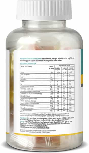Pharmeasy Multivitamin Gummies For Kids And Adults Lemon & Strawberry Flavour Bottle Of 30 Gummies
