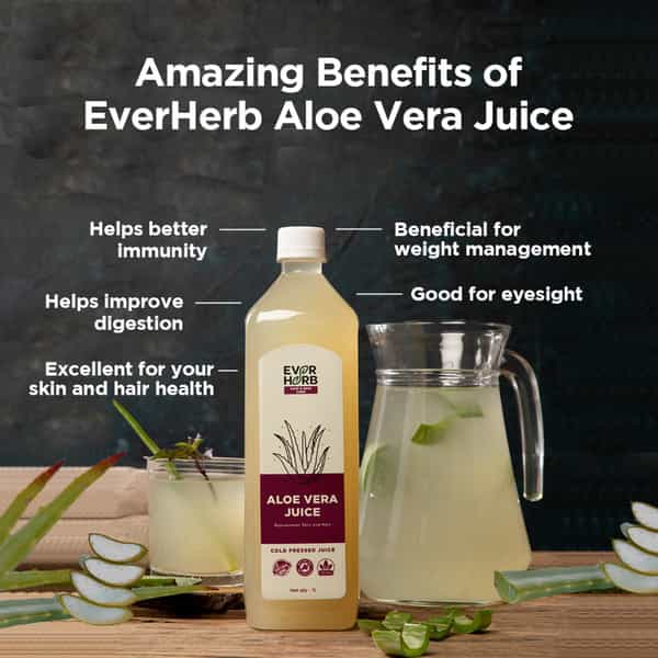 Everherb Aloe Vera Juice With Pulp - Rejuvenates Skin & Hair - 1L Bottle (By Pharmeasy)